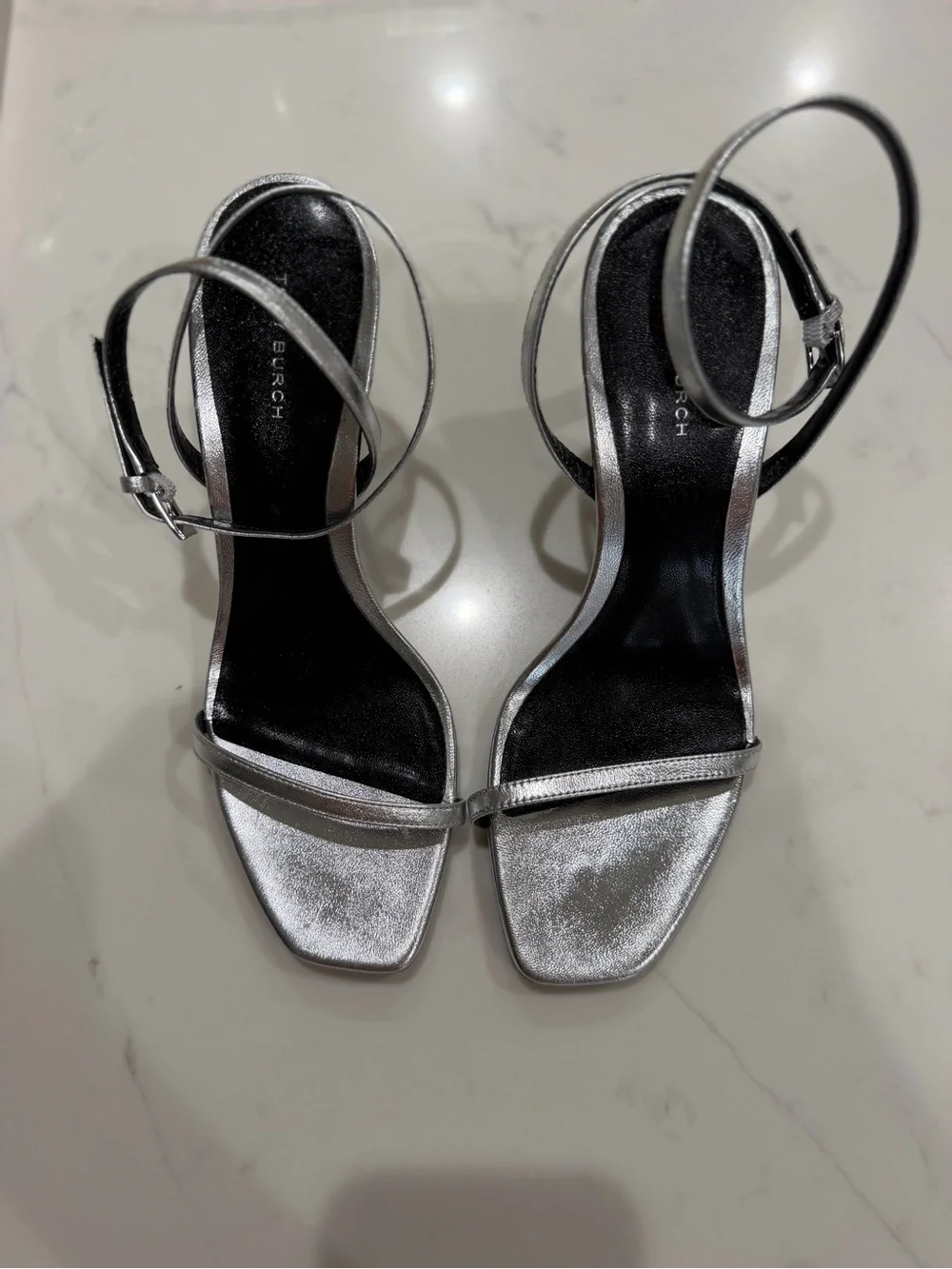 Tory Burch Silver Metallic Ankle-Strap Stiletto Sandals